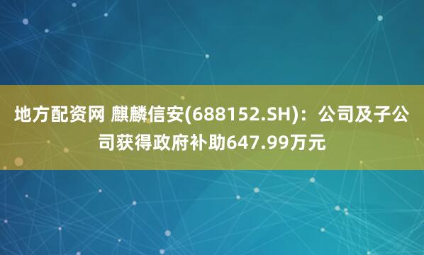 地方配资网 麒麟信安(688152.SH)：公司及子公司获得政府补助647.99万元